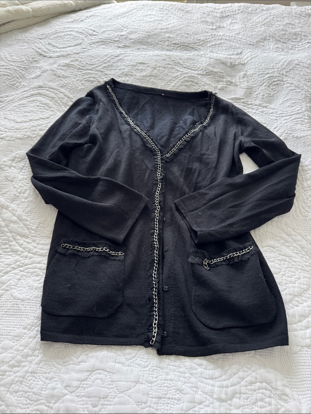Black Chain-Trim Cardigan Sweater - Classic Lightweight Layer